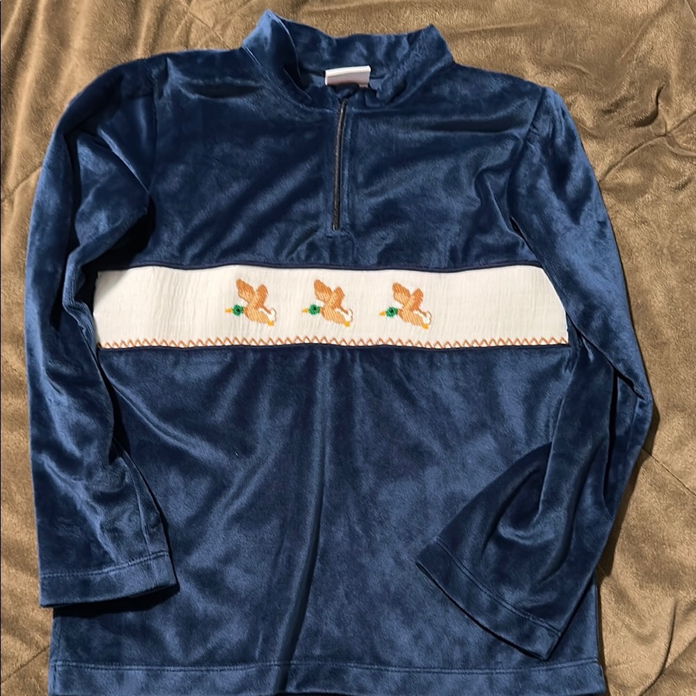 Blue Kids Sweater with Embroidered Ducks stitchy fish